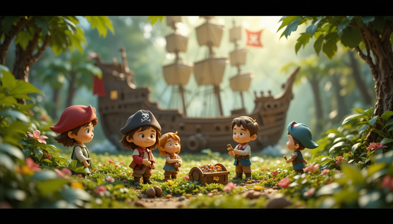 Joyful children discovering pirate treasure in forest