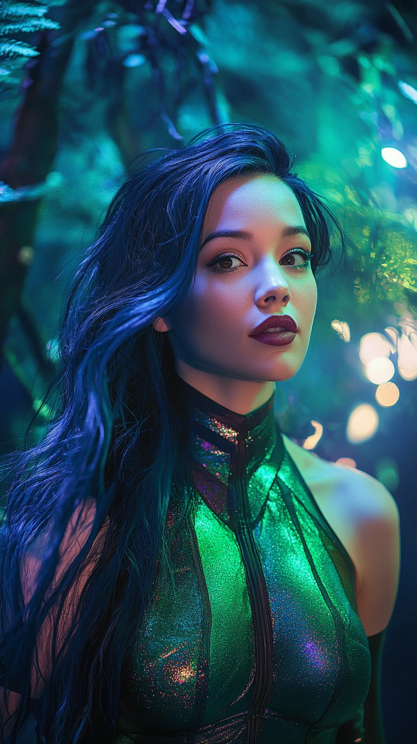 Superhero woman in an enchanted moonlit forest