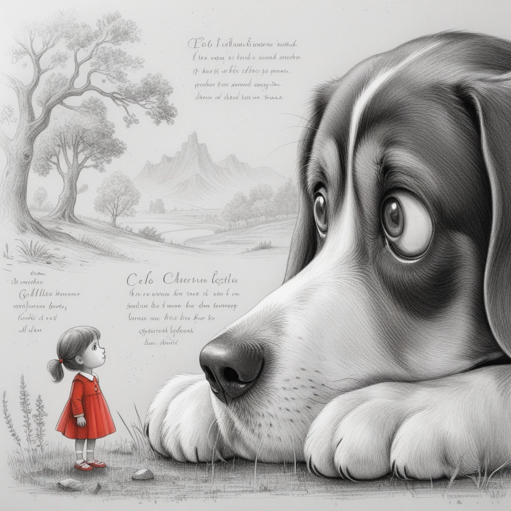 Giant beagle faces tiny curious girl in stylized scene