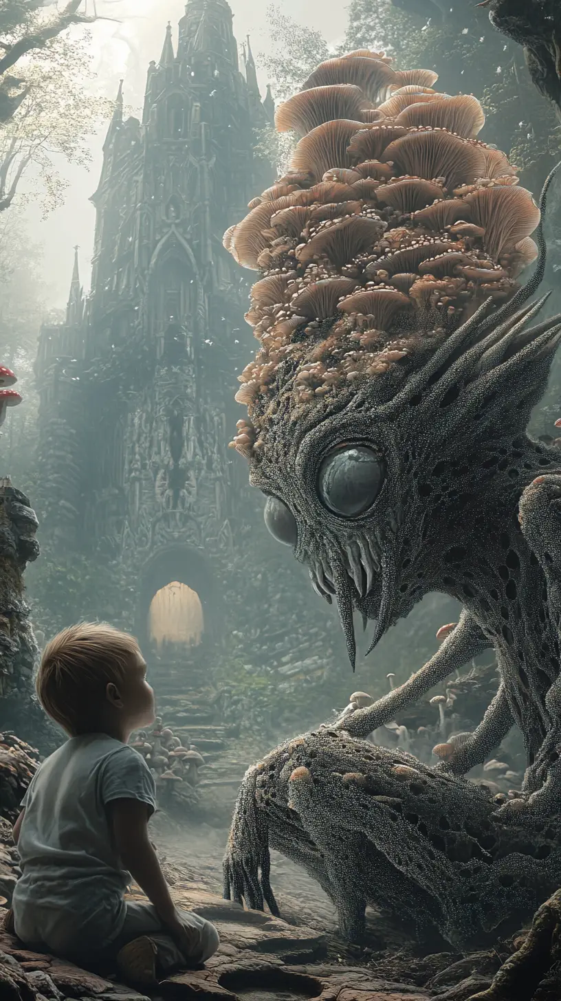 Humanoid flower faced creature kneeling before a small child