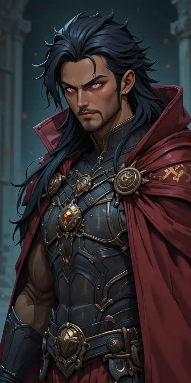 Muscular anime warrior with draconic aura in dark armor