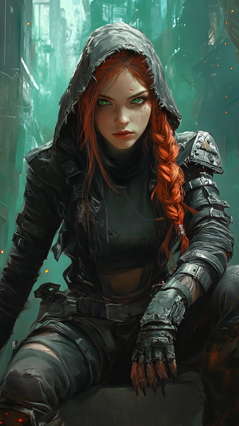 Rogue girl crouching on a ruined ledge in dark city
