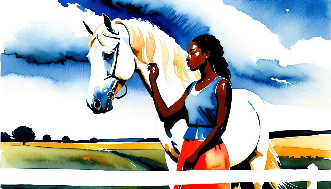 Black woman resting her forehead against a white horse
