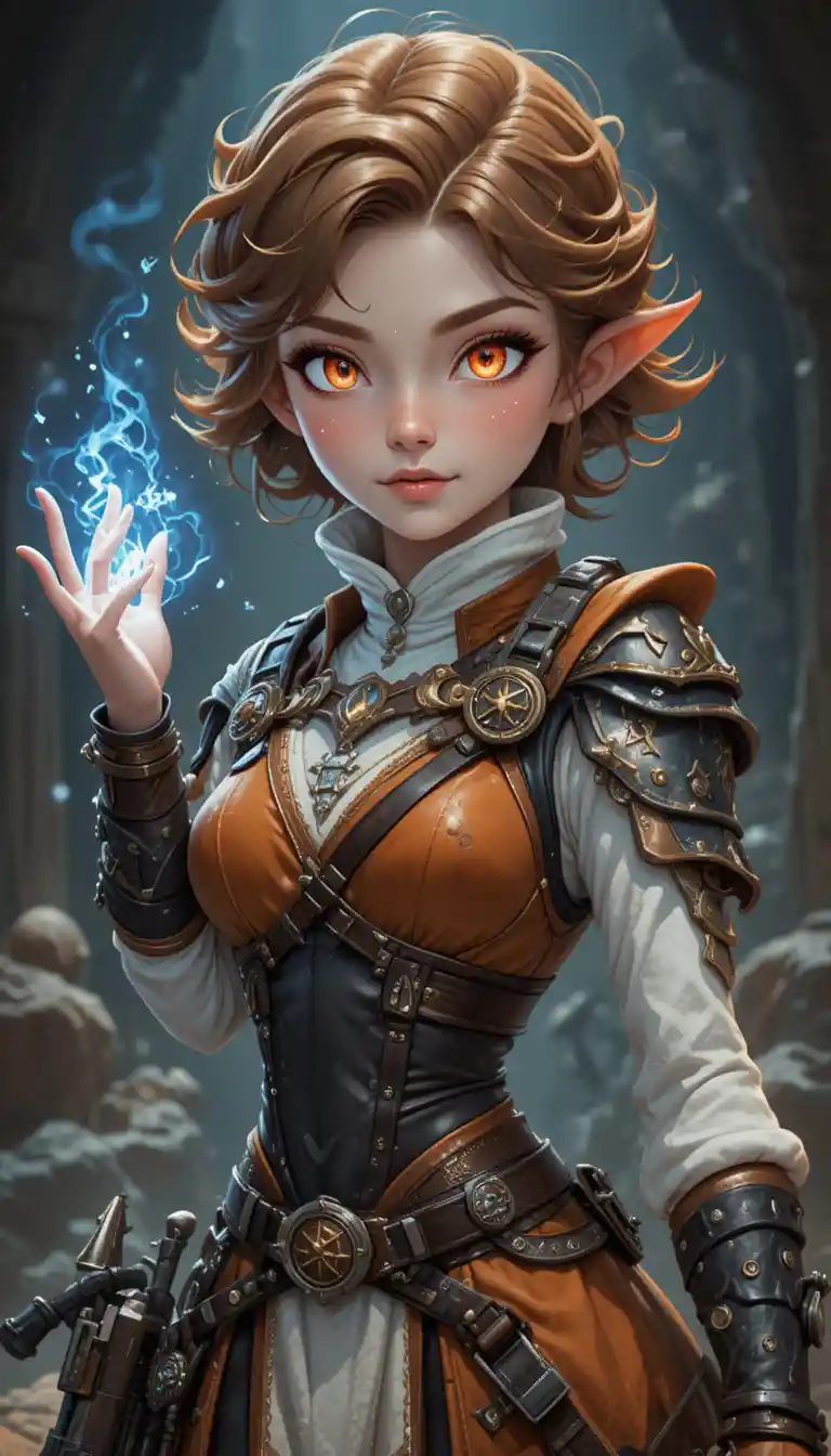 Young gnome mage girl with glowing runes and tools