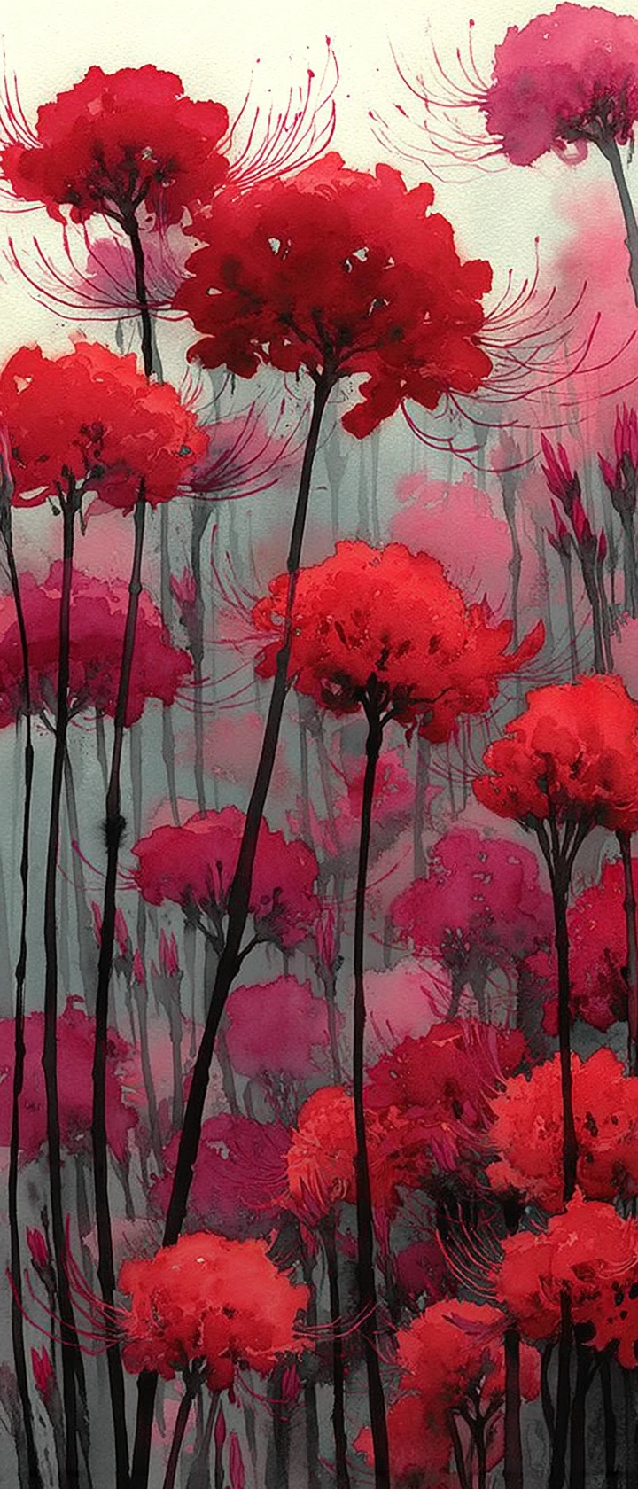 Ghostly spirit dissolving into crimson spider lily field