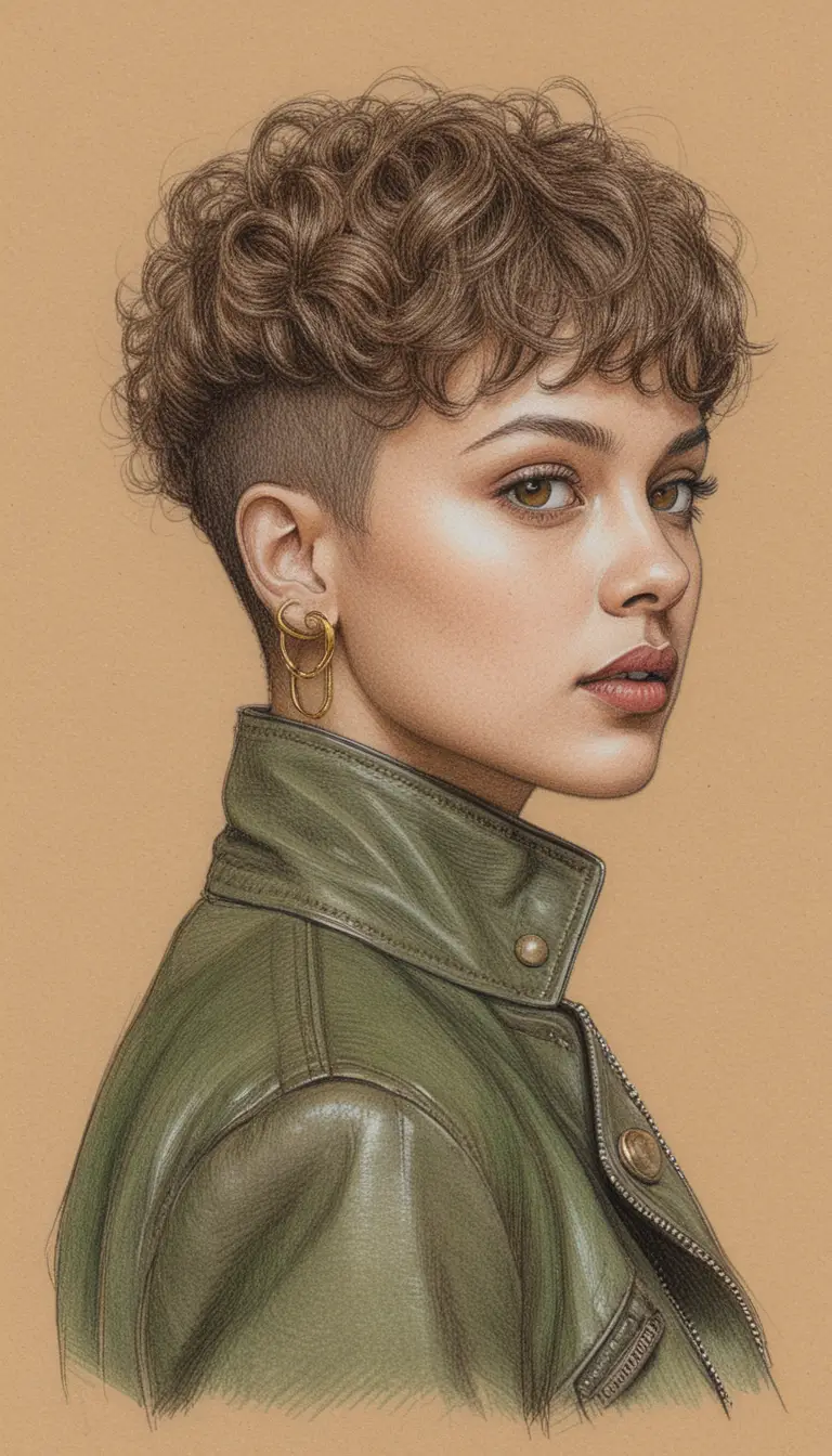 Confident pixie haircut girl in ink and pencil portrait