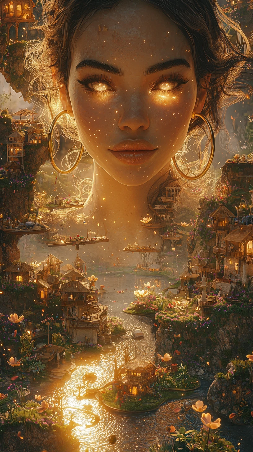 Ethereal giant woman rising above a tiny fantasy world