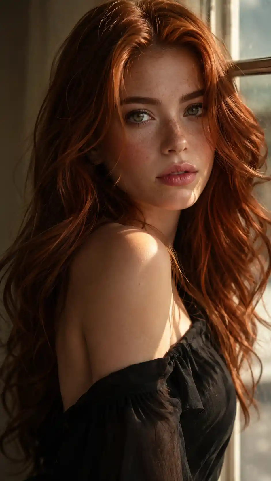 Young woman with red hair in soft window light portrait