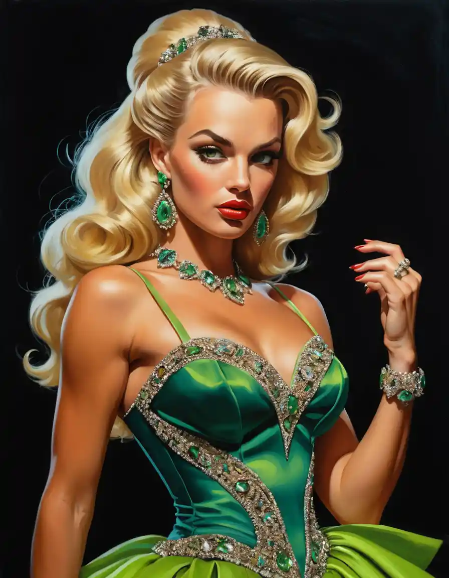 Blonde fantasy pinup woman in ornate masquerade gown