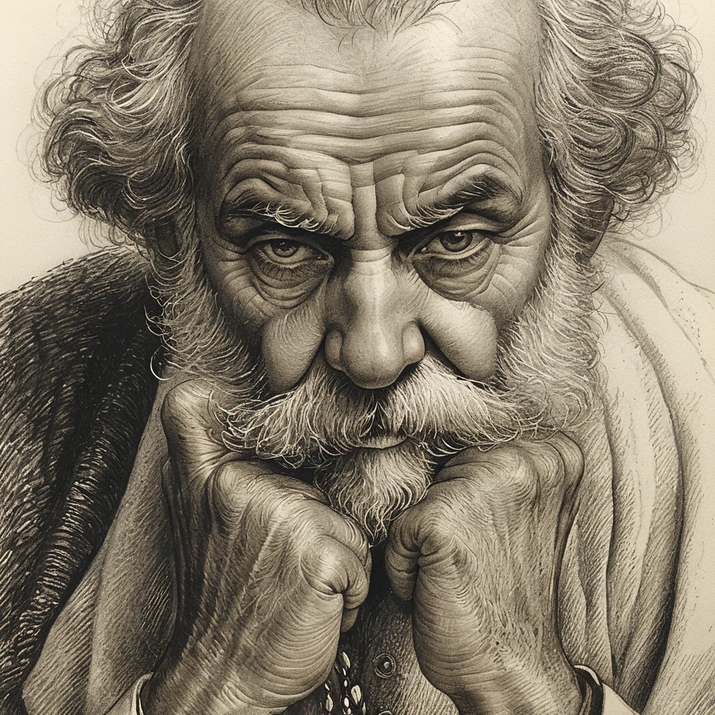 Engraved portrait of an old man resting on his fists