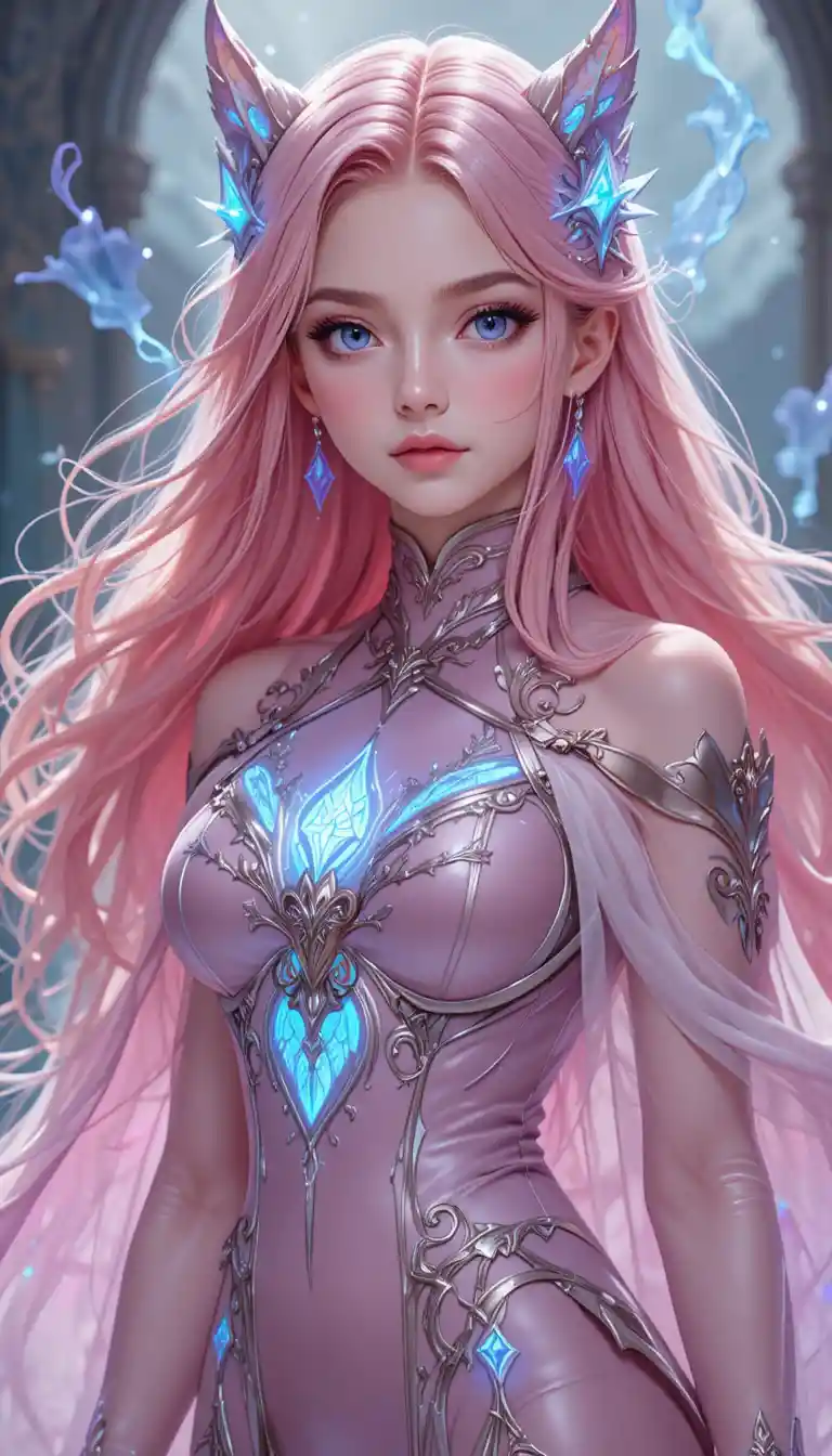Pink haired anime girl with glowing blue deer horns
