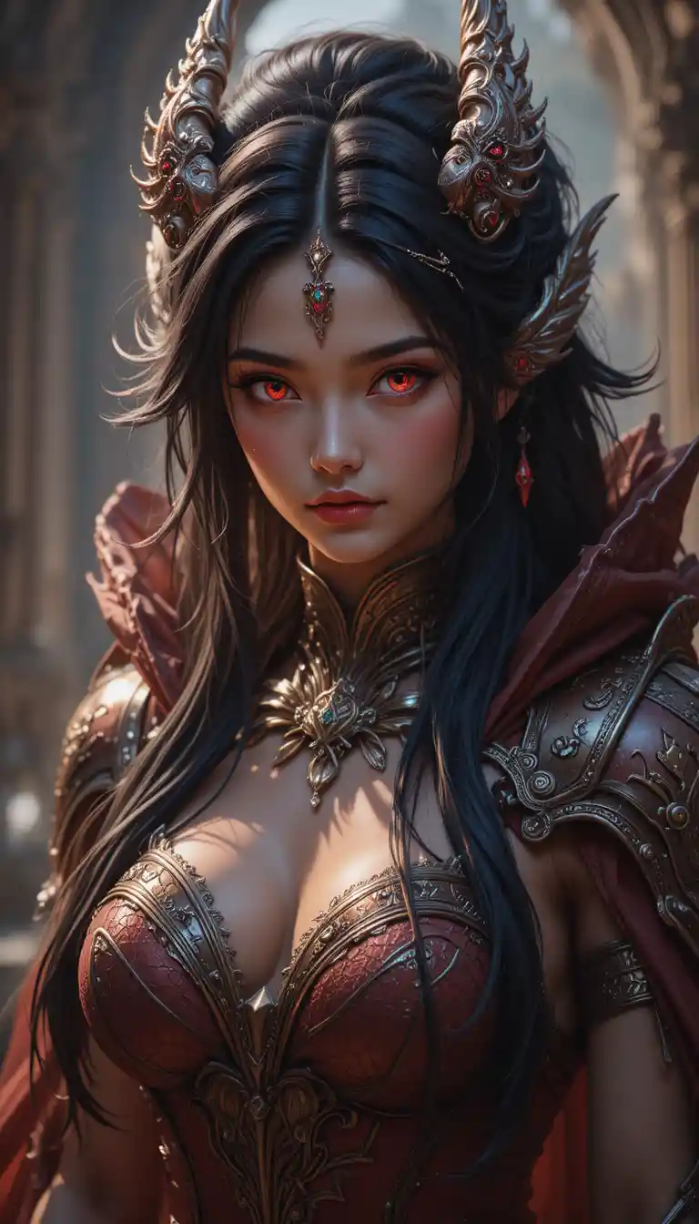 Muscular dragon horned anime woman in dark draconic armor