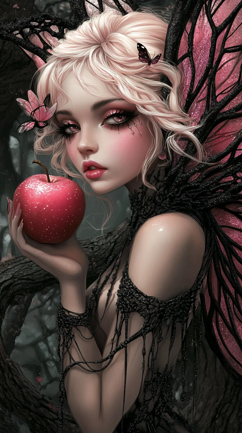 Gothic fairy gatekeeper holding a glittering pink apple