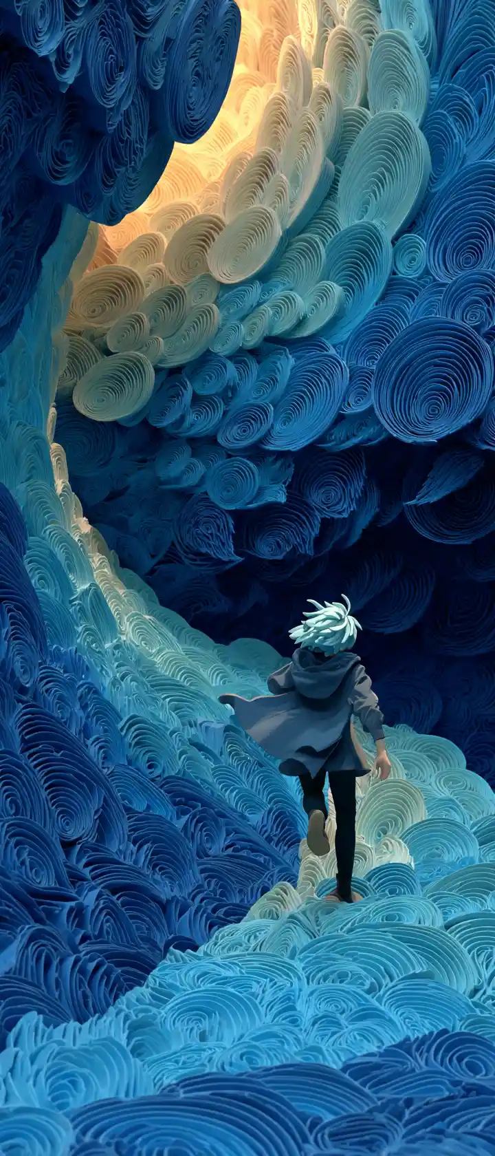 Ragazza anime che cade in un abisso di carta blu a strati