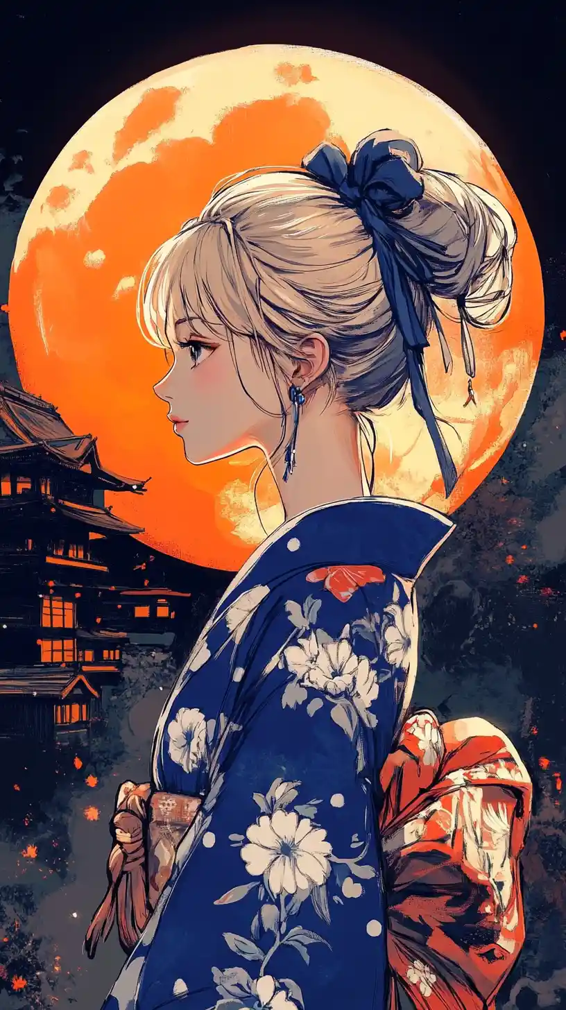 Anime woman in blue kimono before glowing full moon