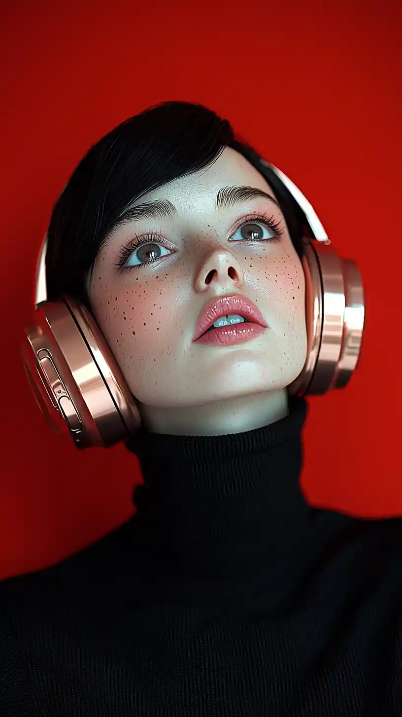 Young woman in headphones against bold orange backdrop