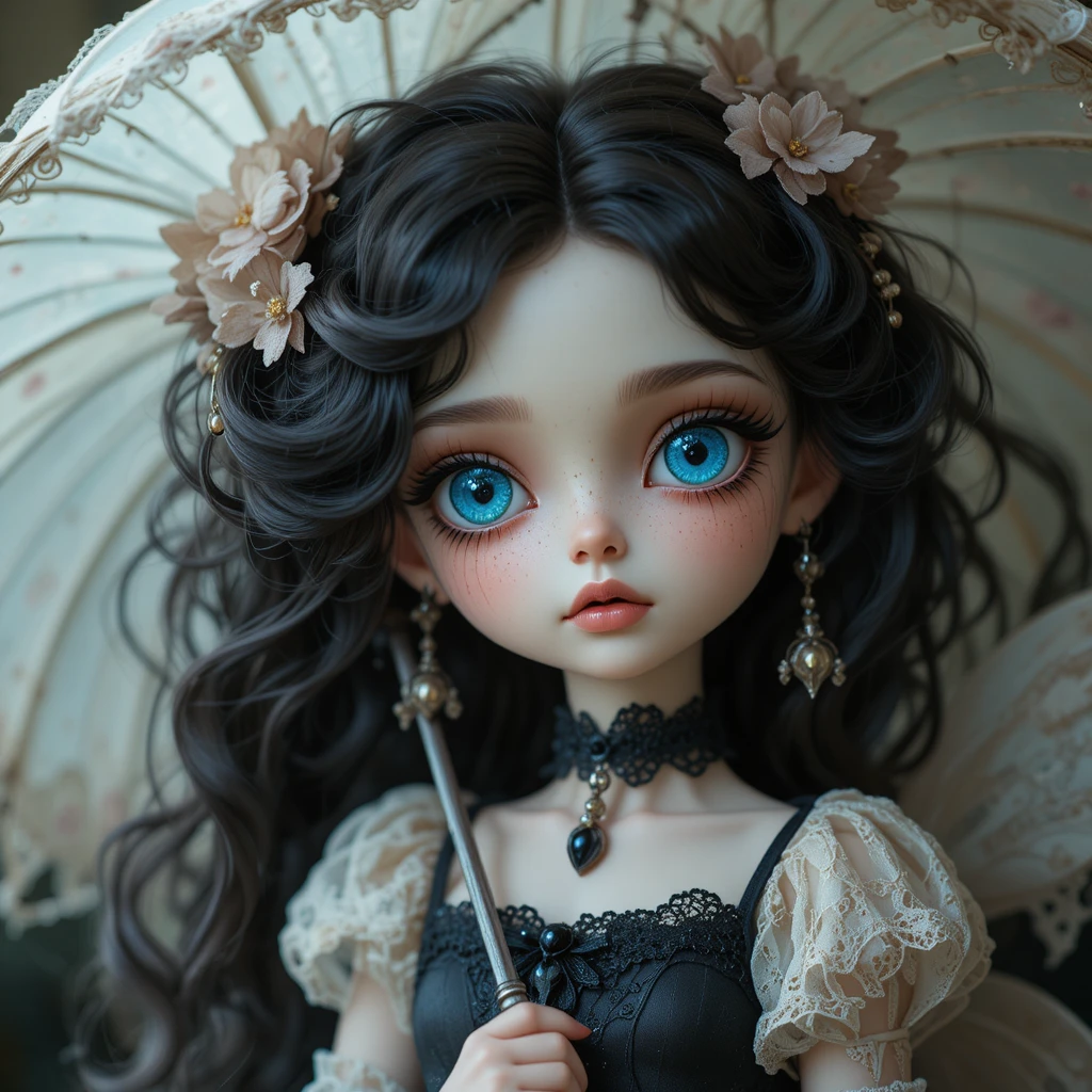 Gothic fairy doll with blue eyes and lace parasol