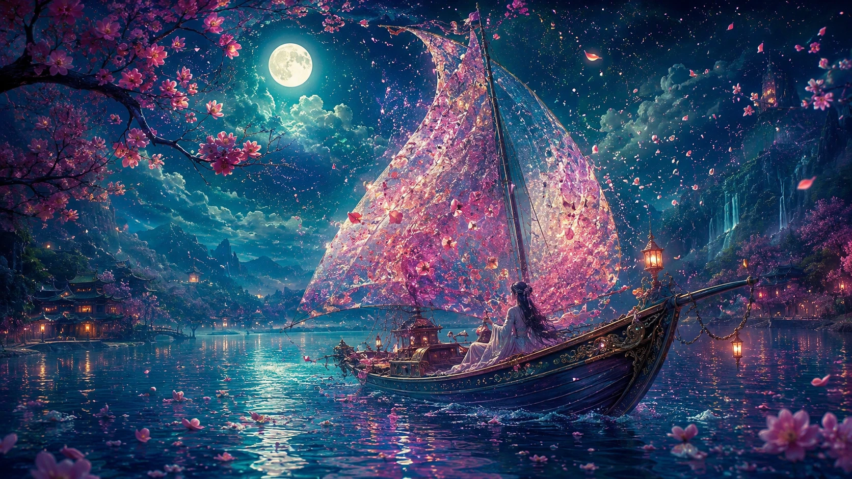 Fantasy sailboat drifting across a moonlit blossom lake