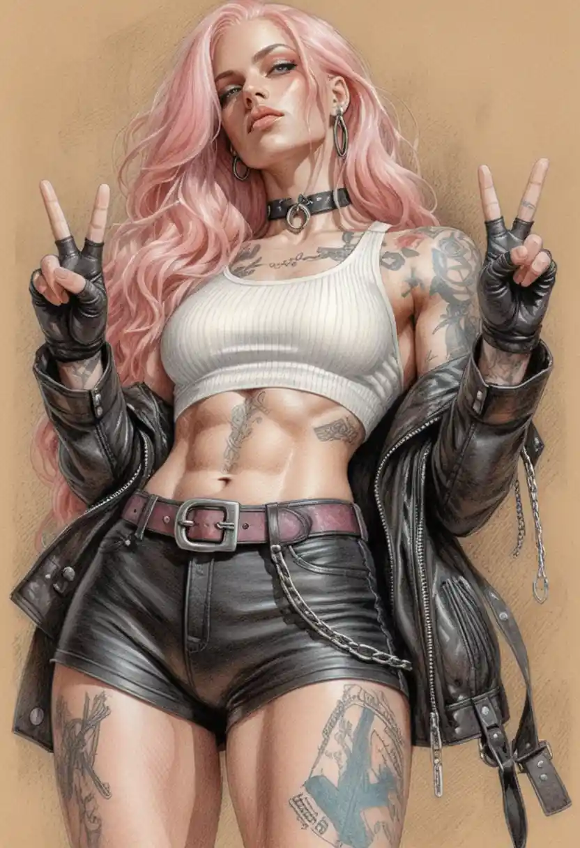 Athletic pink haired woman giving double peace signs in leather