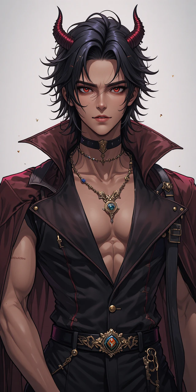 Dark anime incubus prince with red eyes and horns