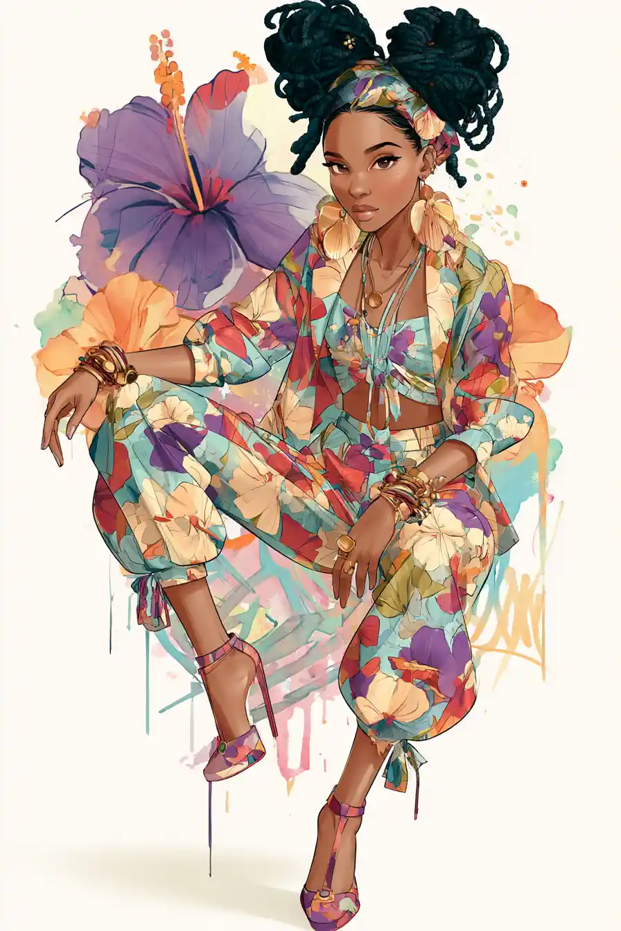 Mujer de moda vanguardista con alta costura inspirada en hibiscos