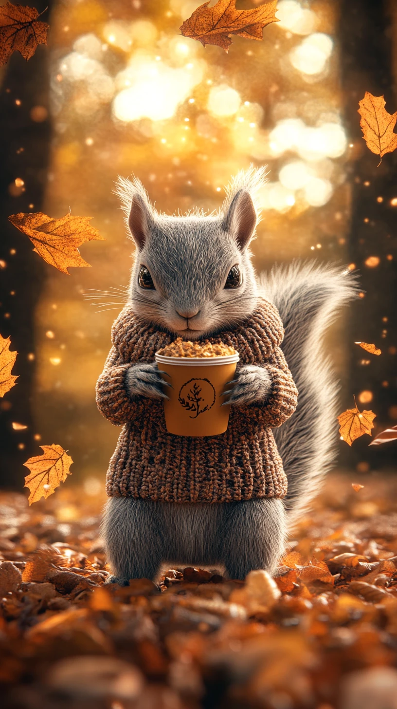 Cute squirrel in sweater with pumpkin spice drink in autumn forest