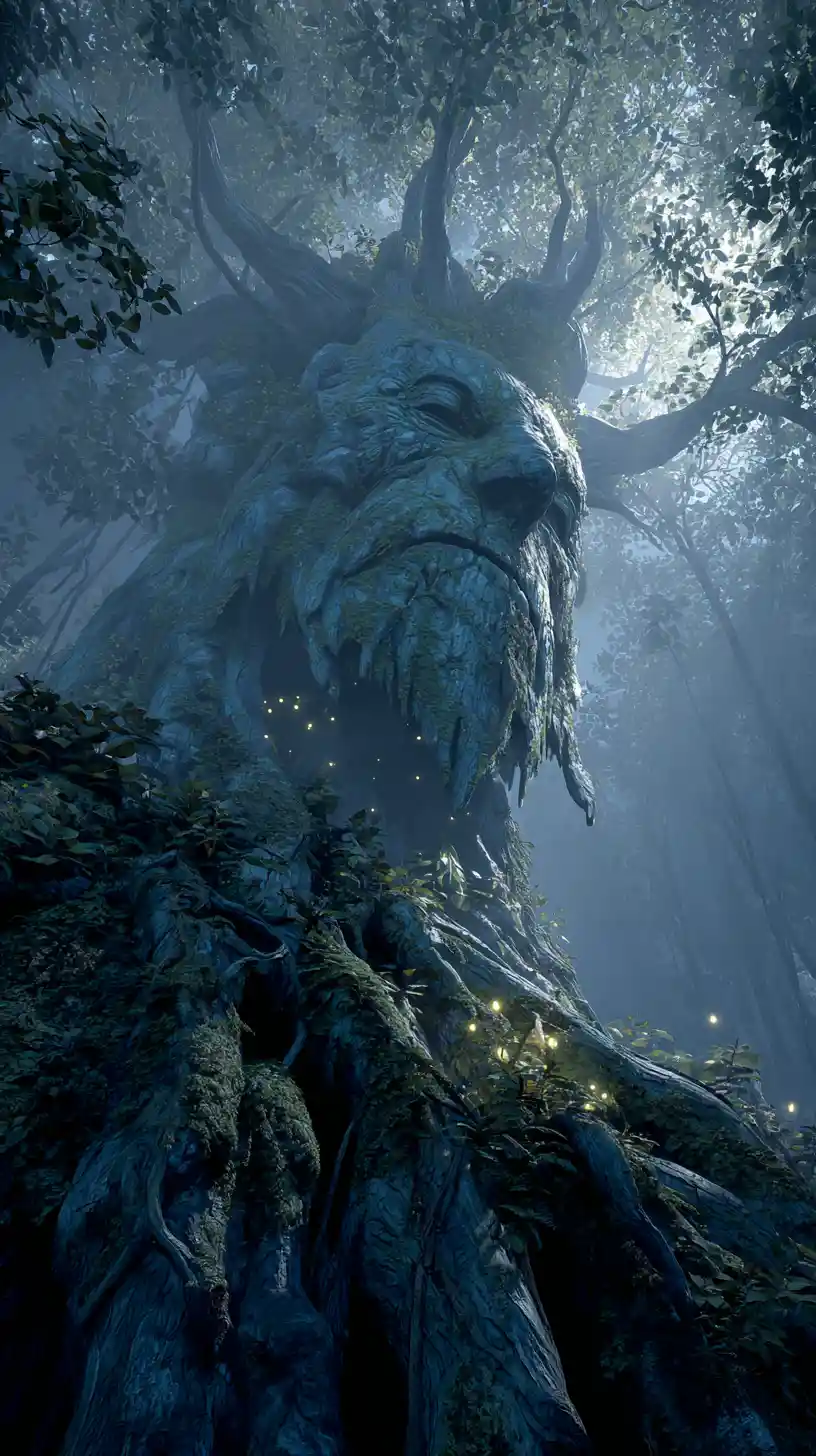 Ancient tree spirit guarding a mystical moonlit forest clearing