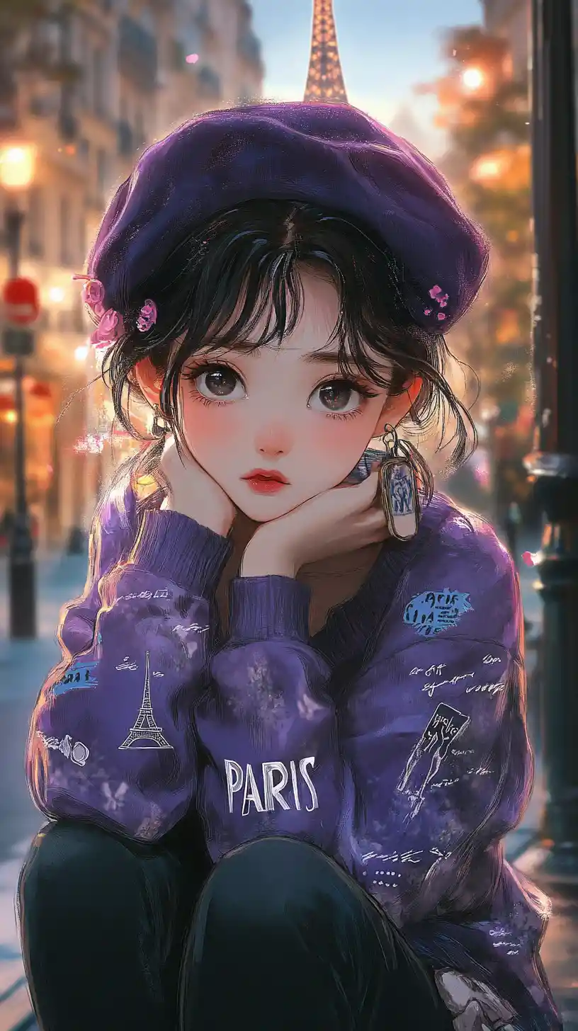 Anime girl on romantic Paris street at sunset