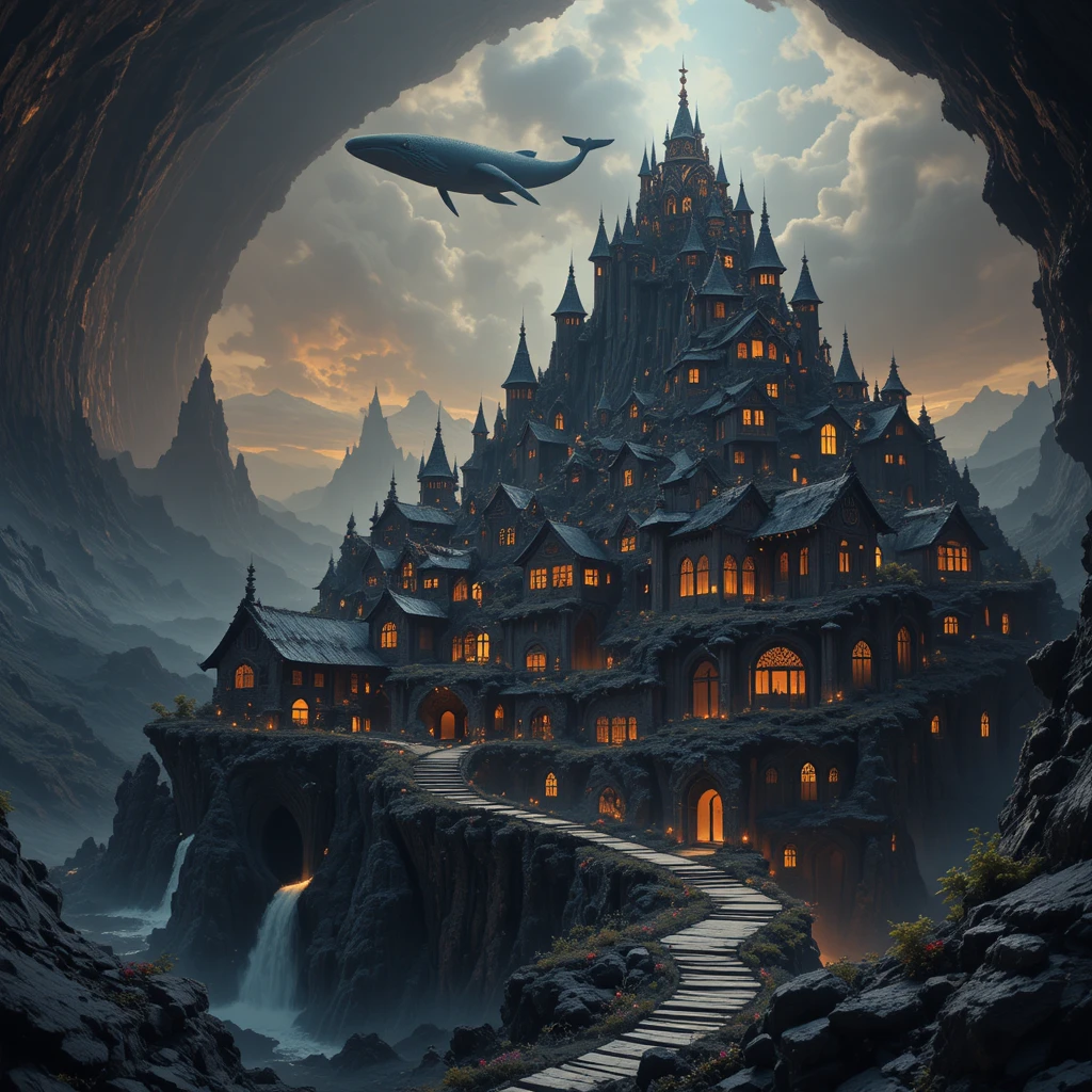 Fantasy city carved in a colossal dormant volcanic crater