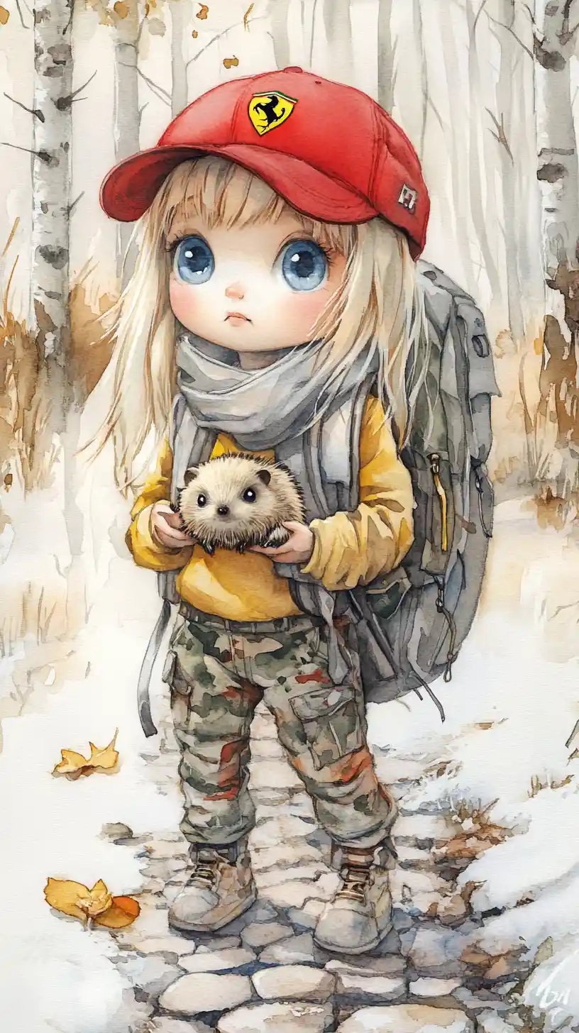 Young girl in watercolor holding a hedgehog in snow