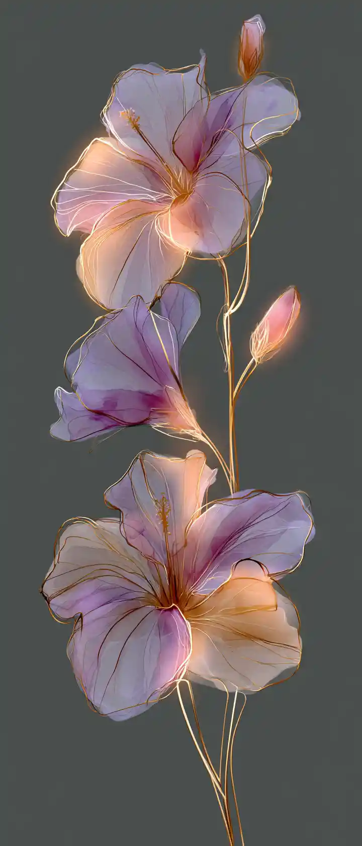 Abstract watercolor hibiscus flowers with gold line details