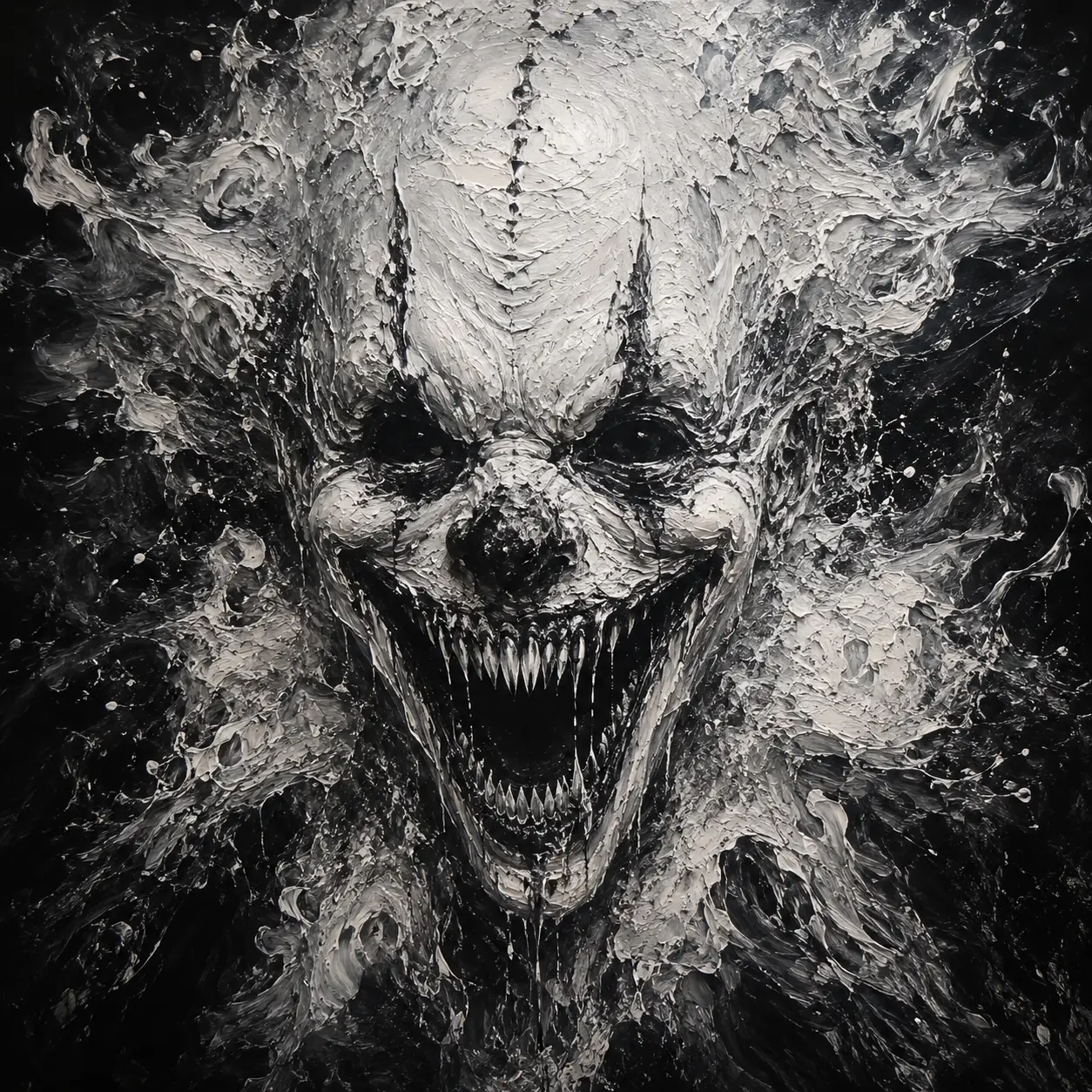 Grotesque demonic clown face on chaotic white painted canvas