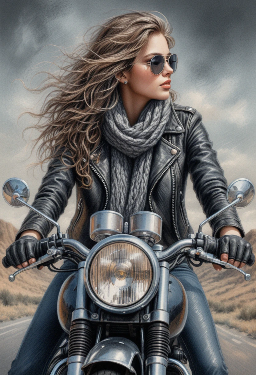 Confident woman riding vintage motorcycle toward the viewer