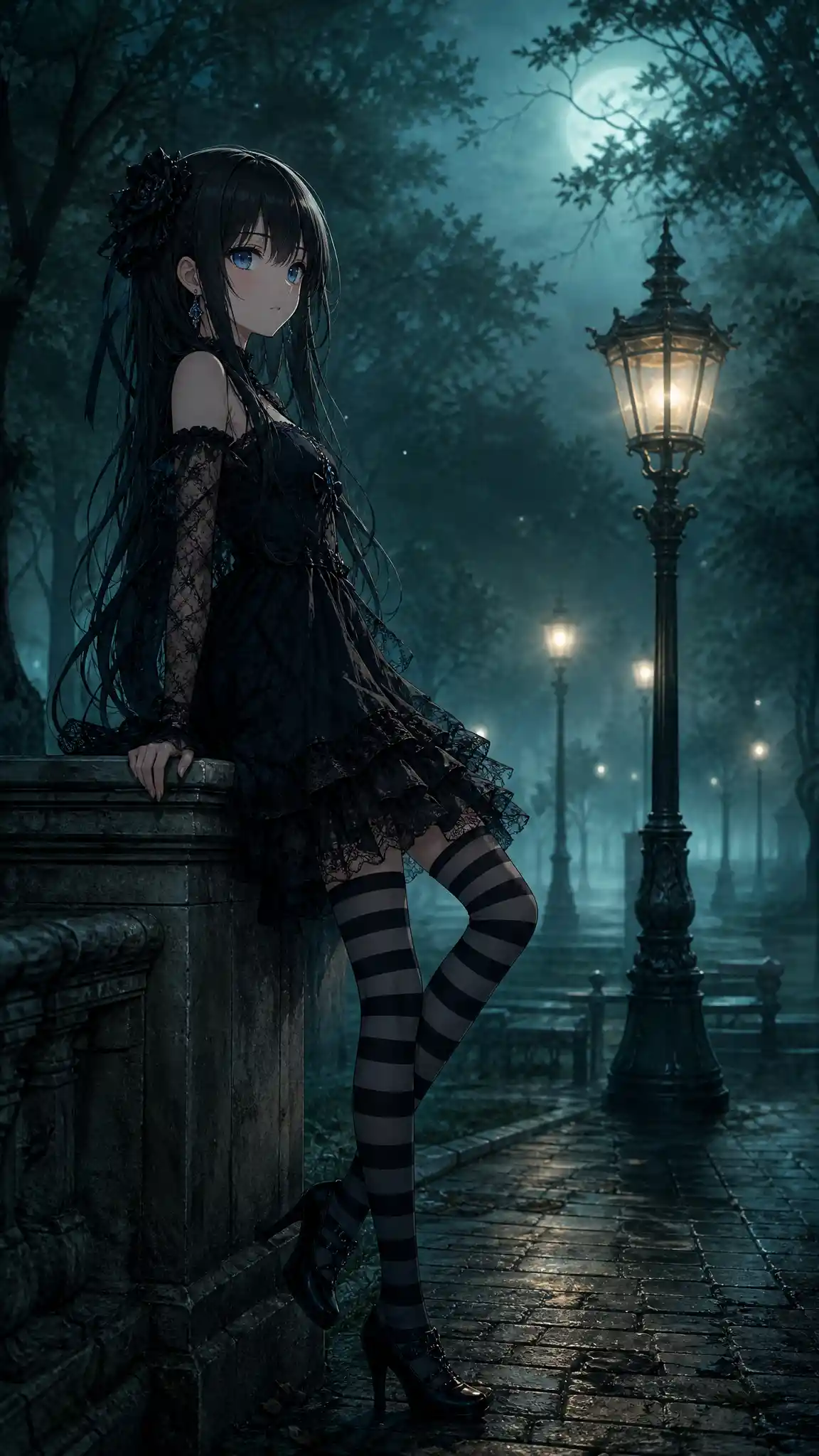 Anime girl in lace dress under moonlit forest streetlights