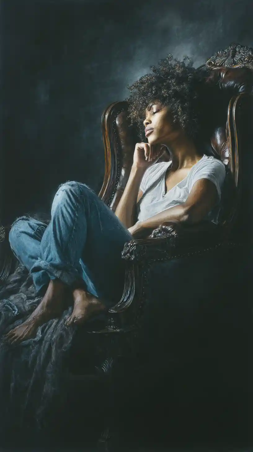 Young woman reclining in an antique leather armchair drawing