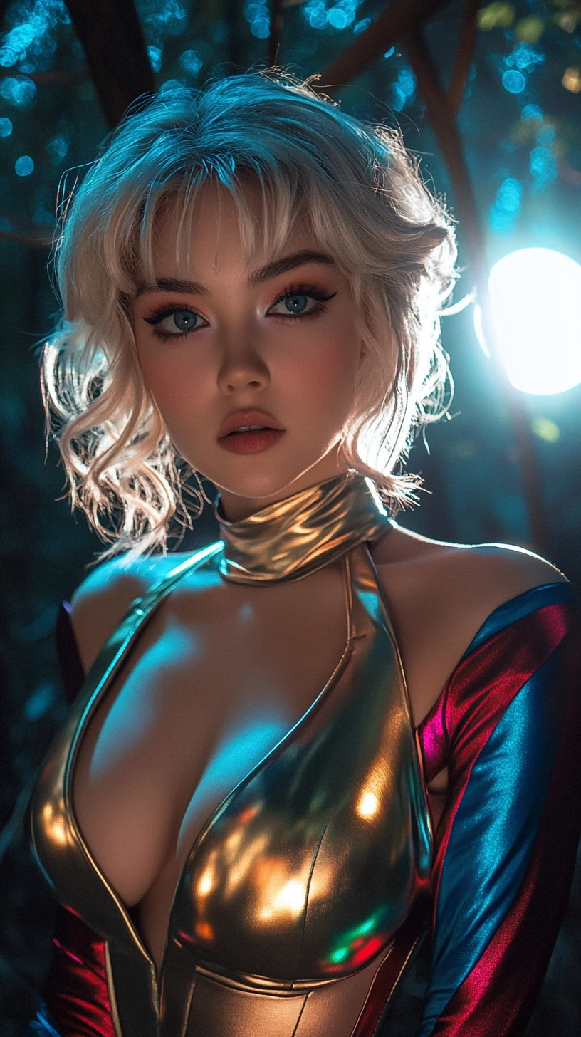Blonde superhero woman in metallic romper under full moon