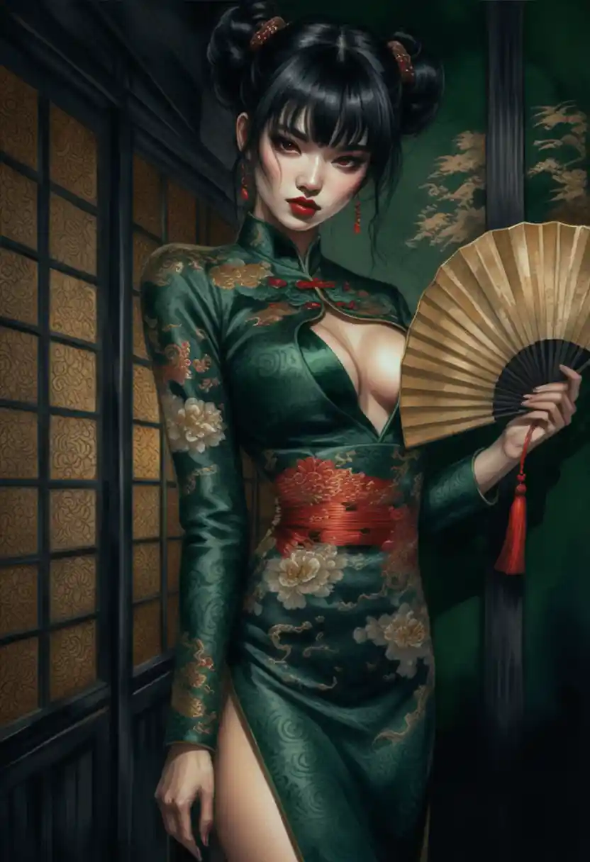 Dunkle Fantasy-Frau im smaragdgrünen Cheongsam mit Fächer