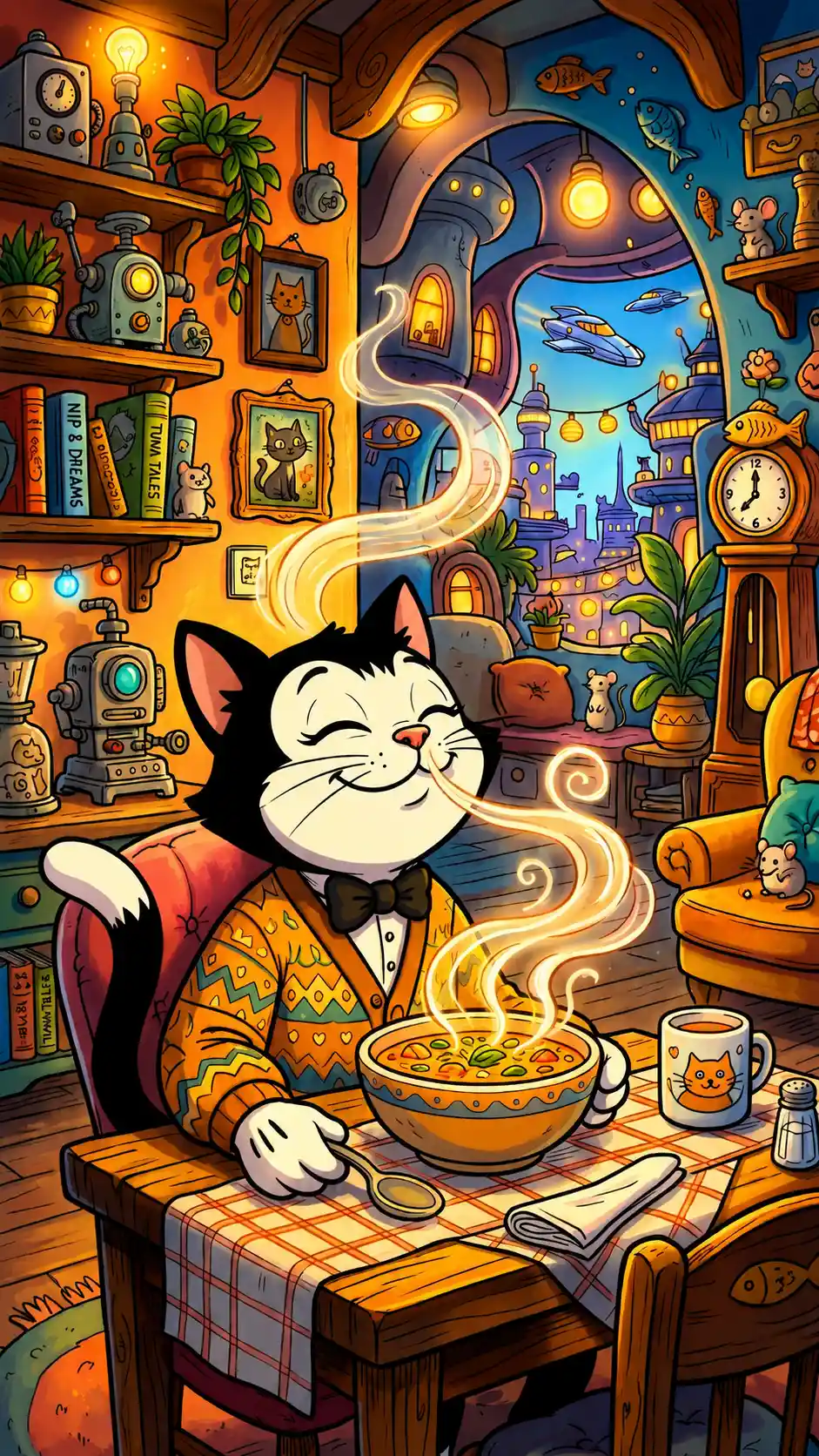 Cartoon cat savoring soup at a cozy dining table