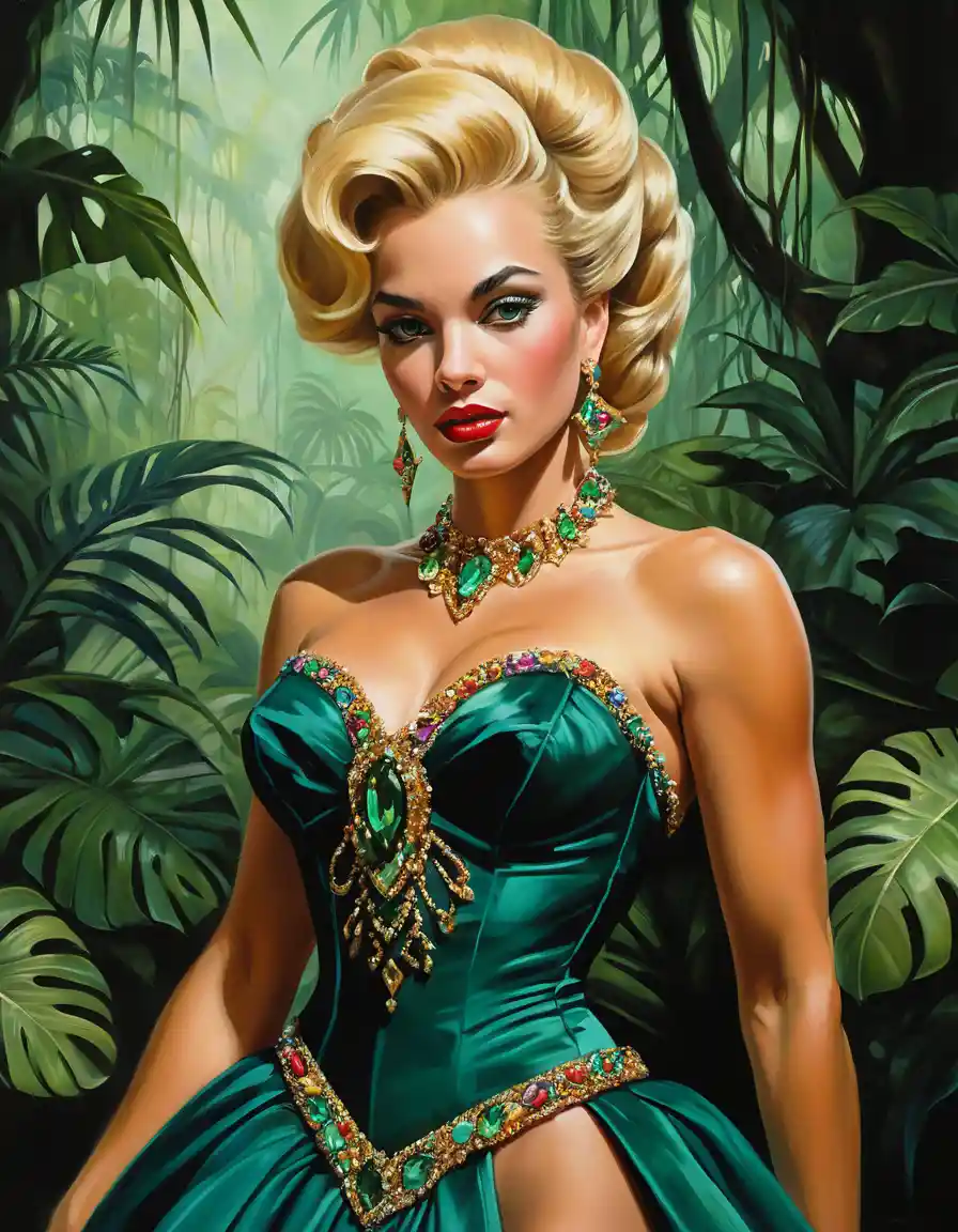 Sensual fantasy woman in rainforest masquerade ball gown