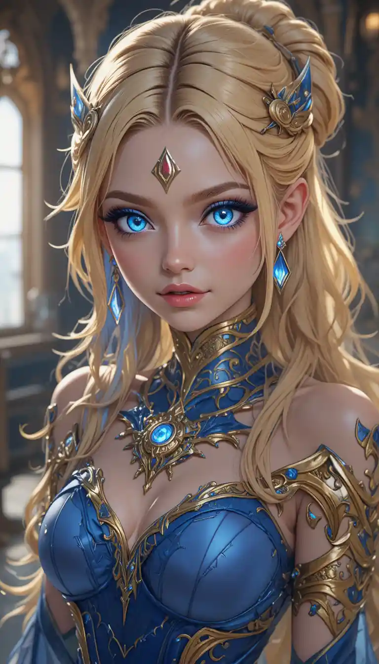 Anime time mage girl with blue and gold xelor outfit