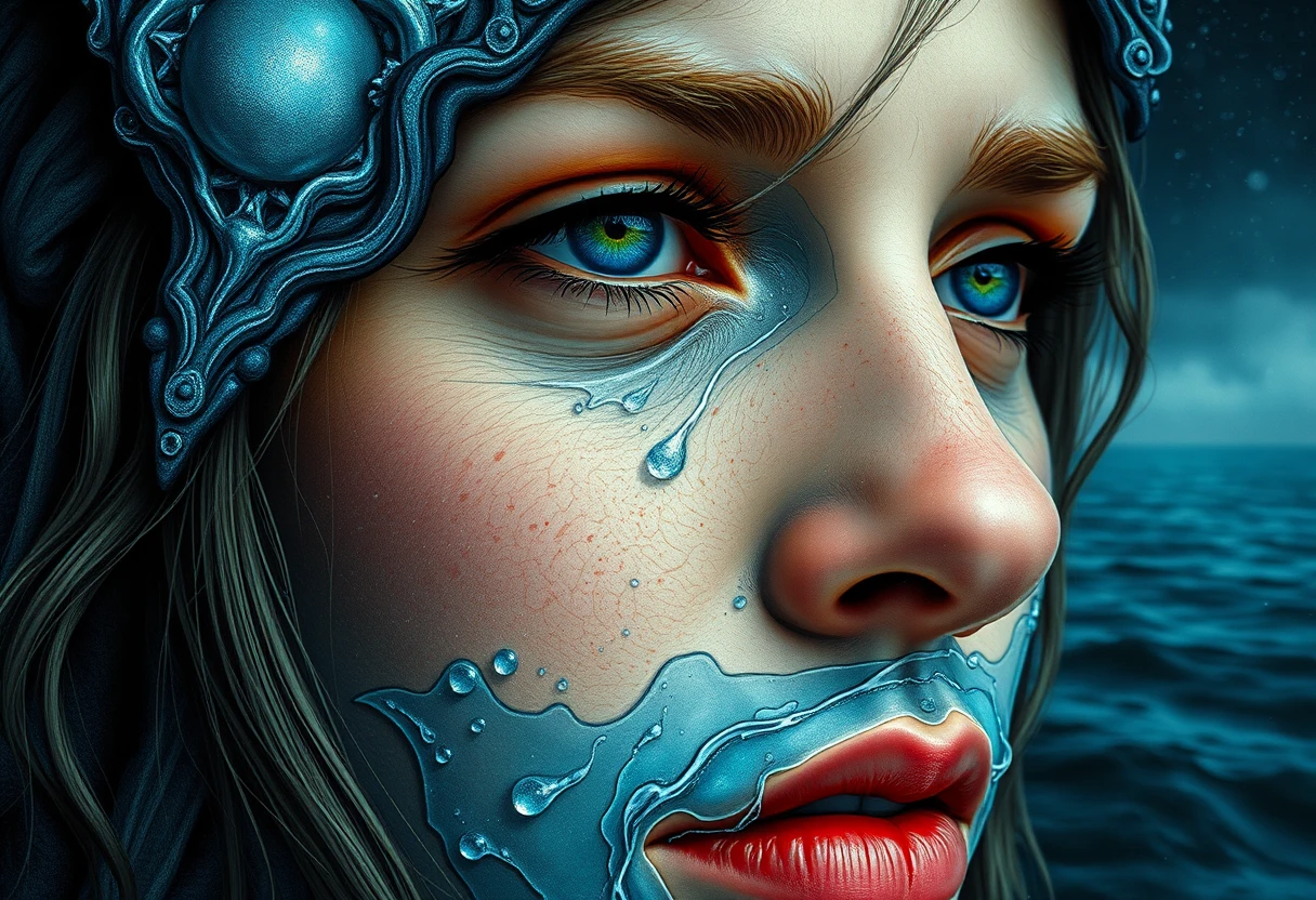 Primo piano di una donna fusa con l’acqua dell’oceano
