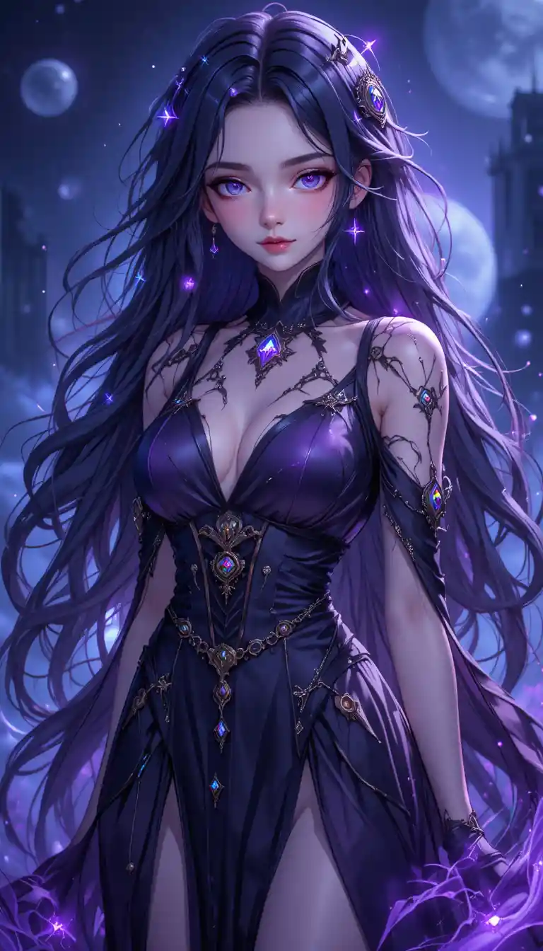 Young anime witch girl with glowing violet eyes