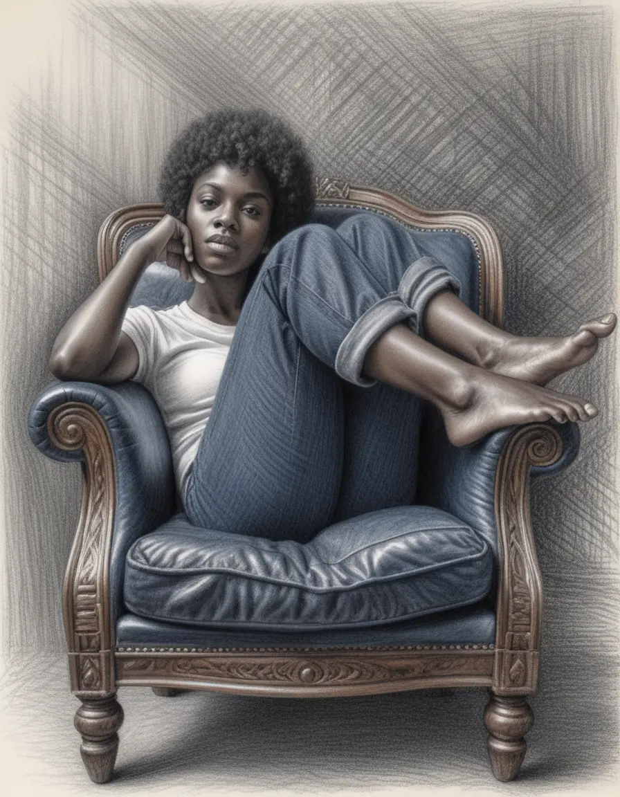 Young woman reclining in an ornate leather armchair drawing