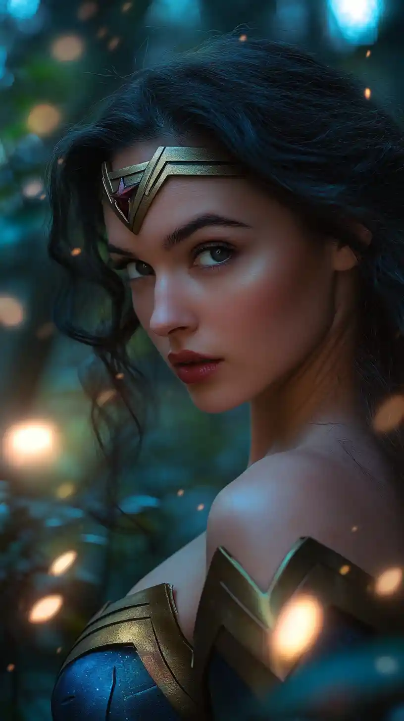 Superhero woman in enchanted forest under glowing moon