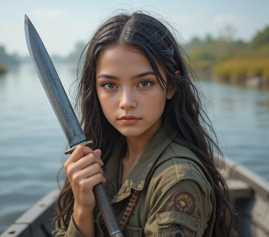 Young Apache Girl In Military Uniform On Swamp Boat
