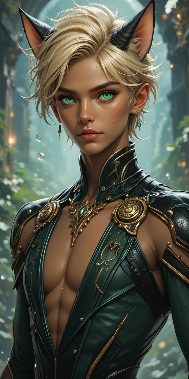 Anime fantasy man with cat ears and green coinlike eyes