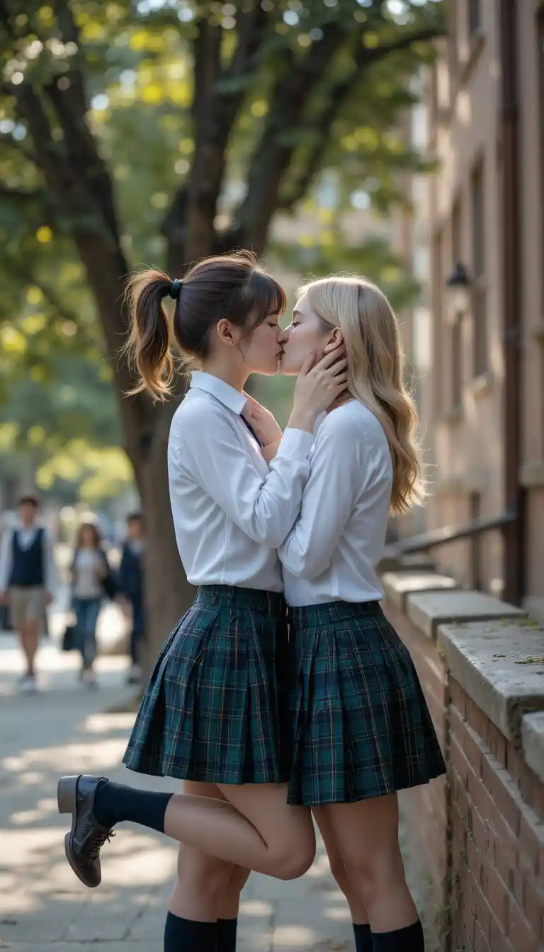 Two students kissing under a tree on campus