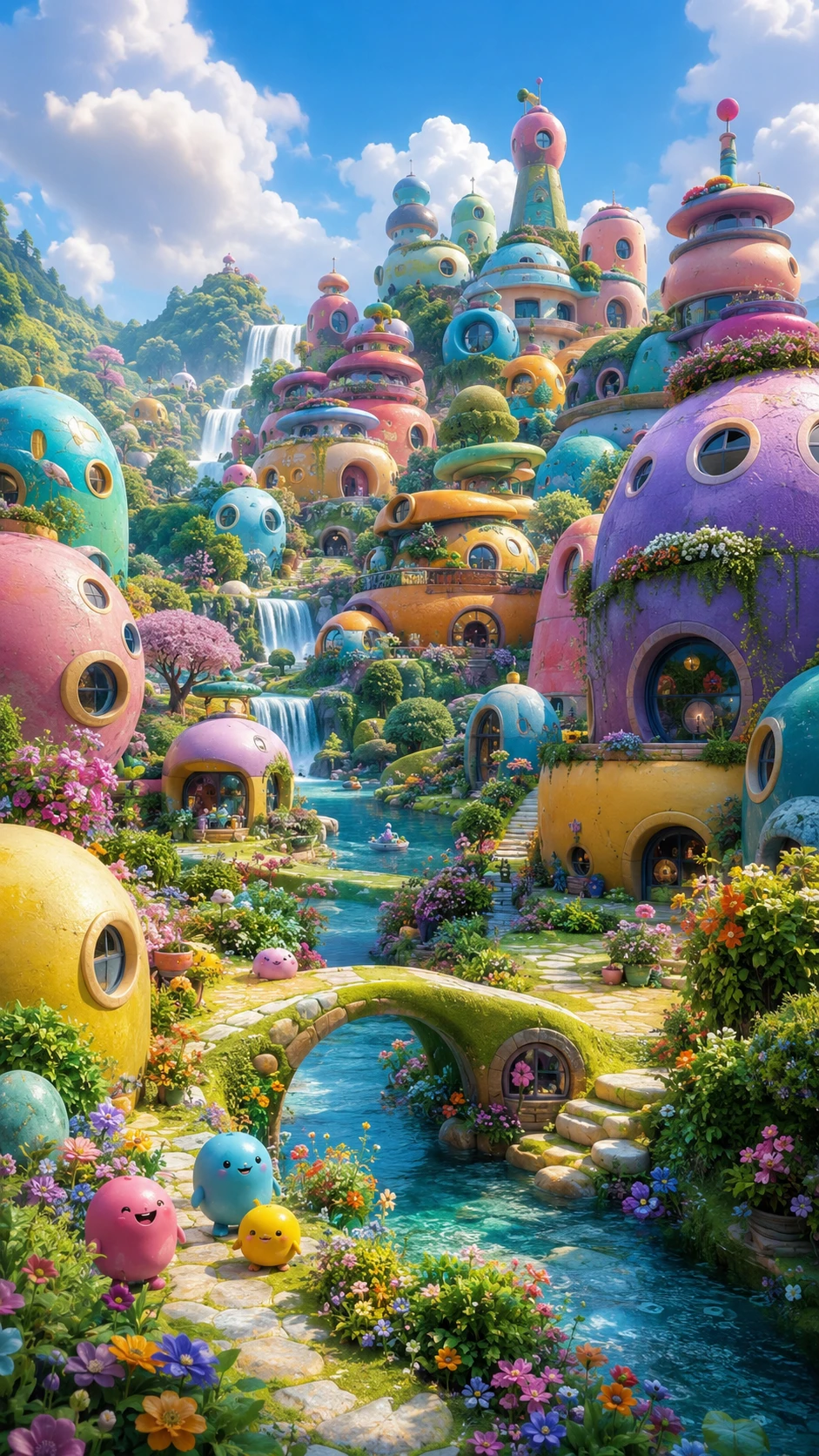 Ville fantastique ronde et colorée dans un paysage rural lumineux