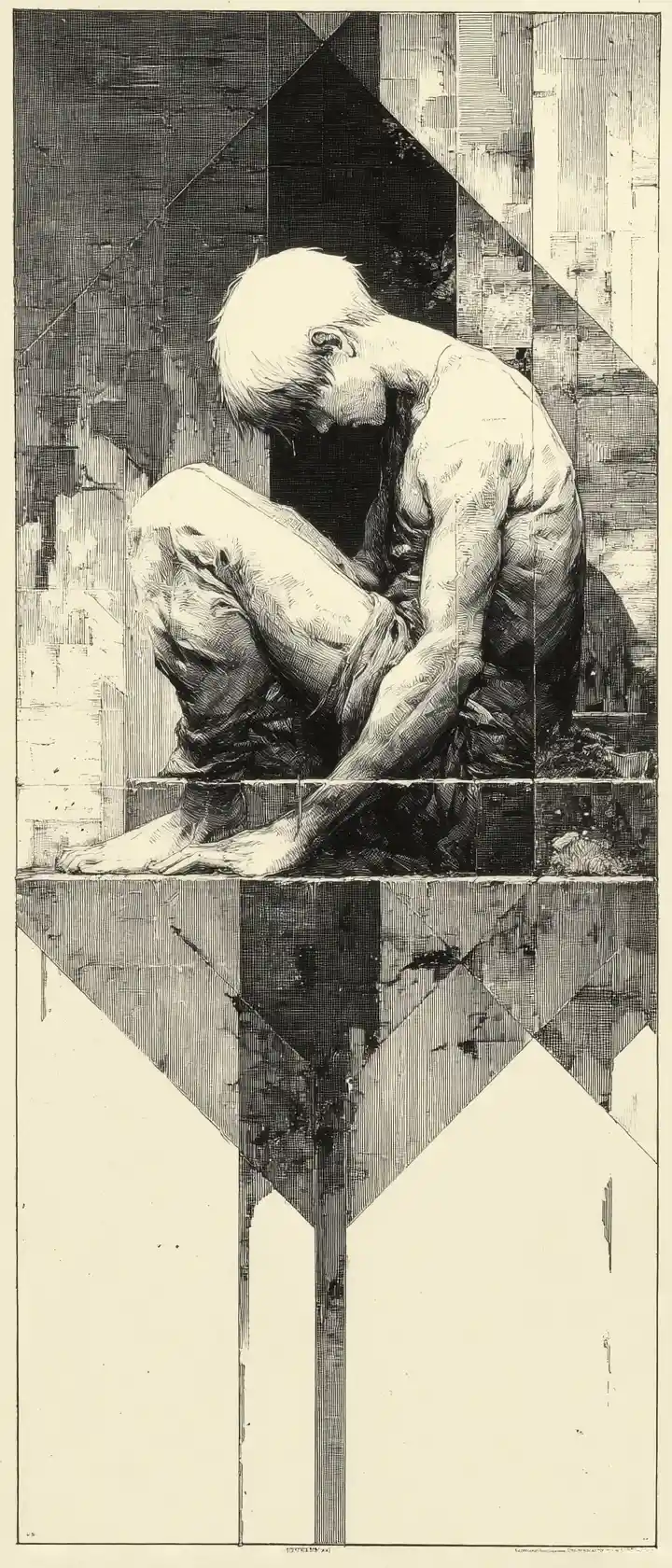 Ink painting of an anime girl in a sharp calligraphic cage