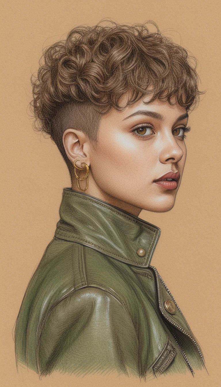 Confident pixie haircut girl in ink and pencil portrait